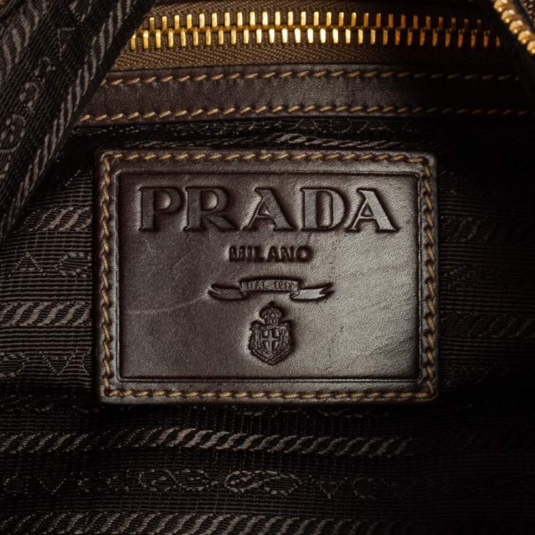 Pre Owned Prada Two Tone Brown Logo Jacquard Fabric and Leather Hobo 