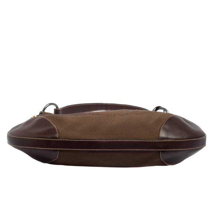 Pre Owned Prada Two Tone Brown Logo Jacquard Fabric and Leather Hobo 
