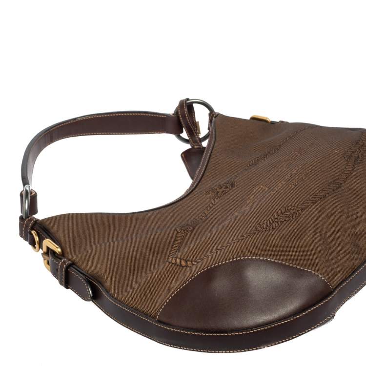 Pre Owned Prada Two Tone Brown Logo Jacquard Fabric and Leather Hobo 