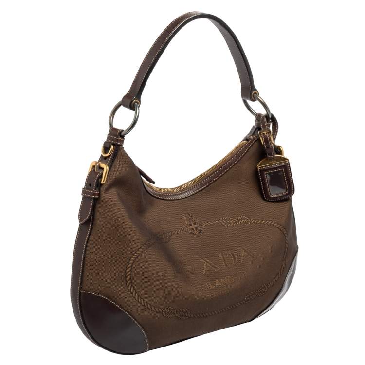 Pre Owned Prada Two Tone Brown Logo Jacquard Fabric and Leather Hobo 