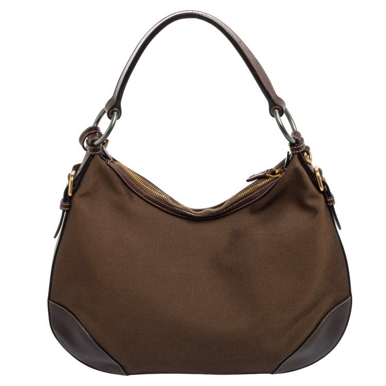 Pre Owned Prada Two Tone Brown Logo Jacquard Fabric and Leather Hobo 