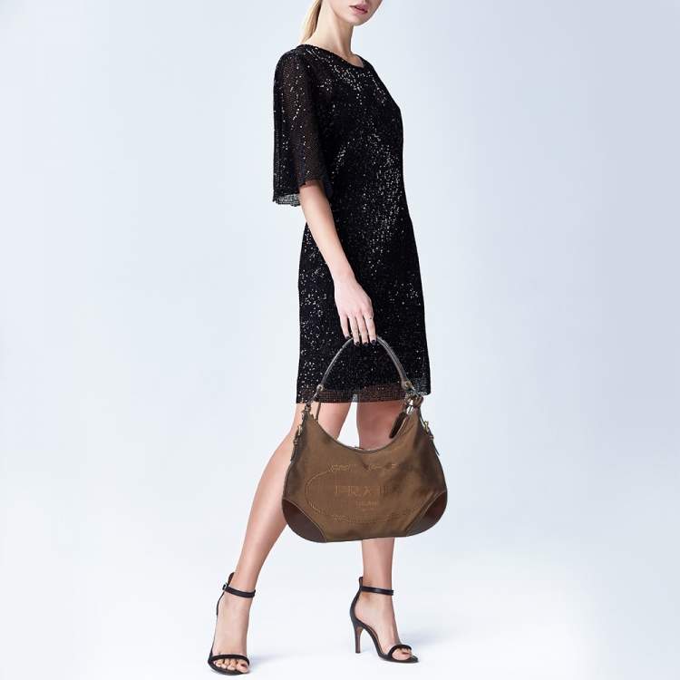 Pre Owned Prada Two Tone Brown Logo Jacquard Fabric and Leather Hobo 