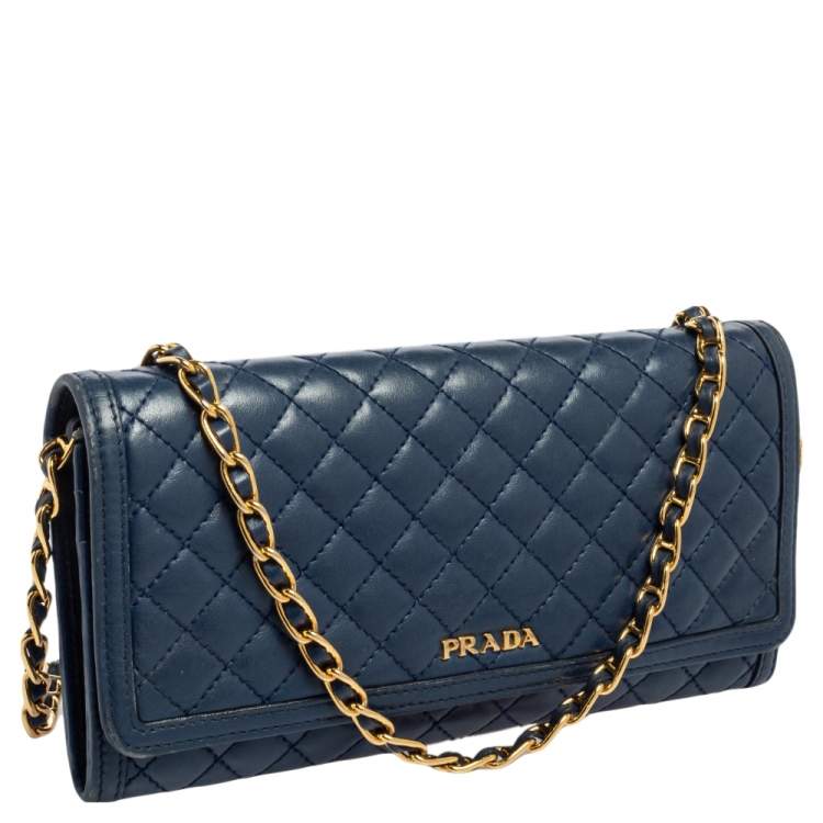 Pre Owned Prada Blue Quilted Leather Wallet on Chain