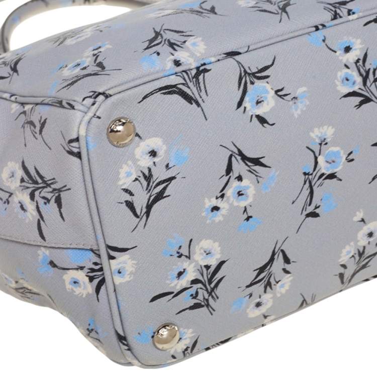 Pre Owned Prada Pale Blue Floral Print Saffiano Lux Leather Medium Galleria Double Zip Tote