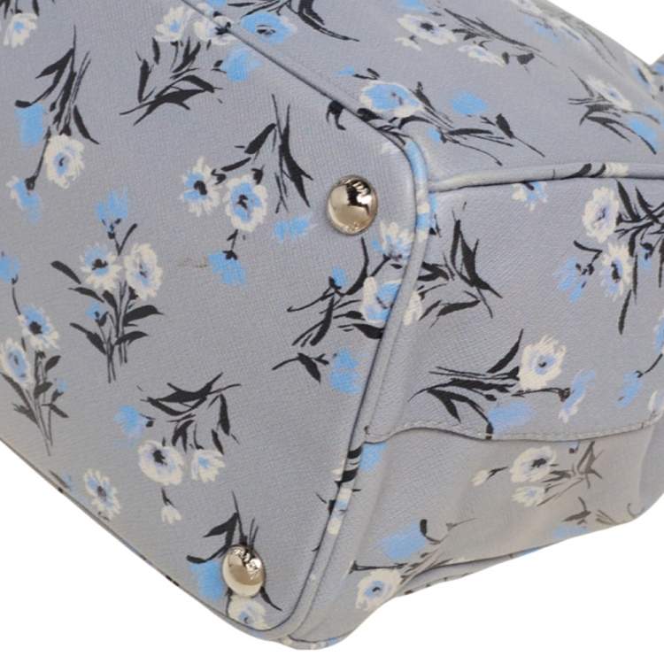 Pre Owned Prada Pale Blue Floral Print Saffiano Lux Leather Medium Galleria Double Zip Tote