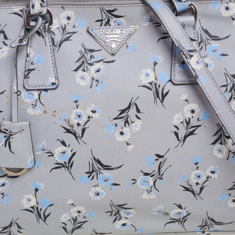 Pre Owned Prada Pale Blue Floral Print Saffiano Lux Leather Medium Galleria Double Zip Tote