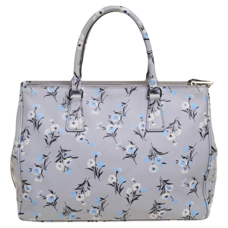 Pre Owned Prada Pale Blue Floral Print Saffiano Lux Leather Medium Galleria Double Zip Tote