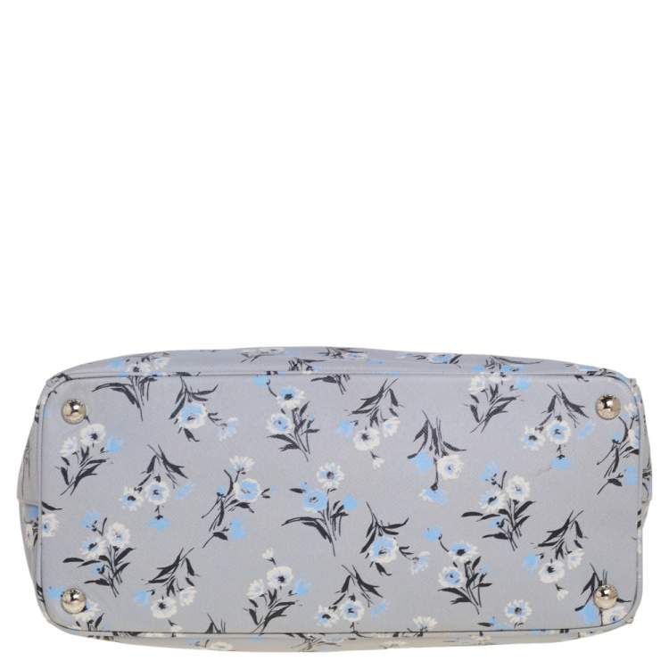 Pre Owned Prada Pale Blue Floral Print Saffiano Lux Leather Medium Galleria Double Zip Tote