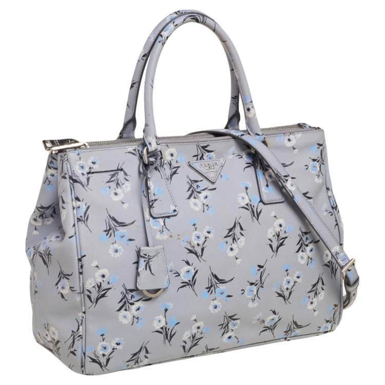 Pre Owned Prada Pale Blue Floral Print Saffiano Lux Leather Medium Galleria Double Zip Tote