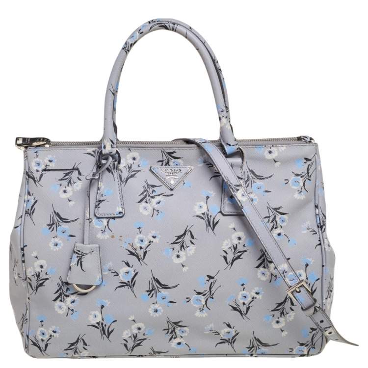 Pre Owned Prada Pale Blue Floral Print Saffiano Lux Leather Medium Galleria Double Zip Tote