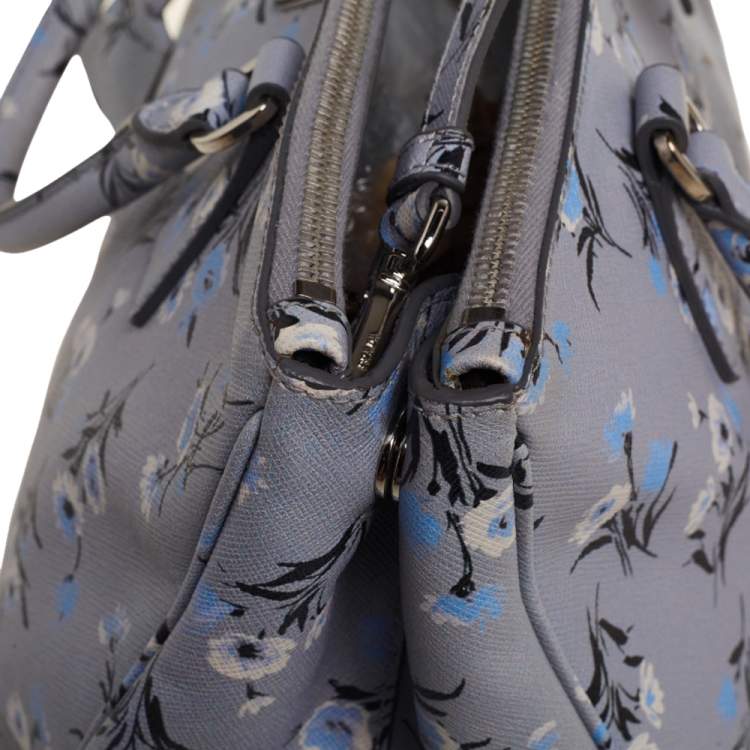 Pre Owned Prada Pale Blue Floral Print Saffiano Lux Leather Medium Galleria Double Zip Tote