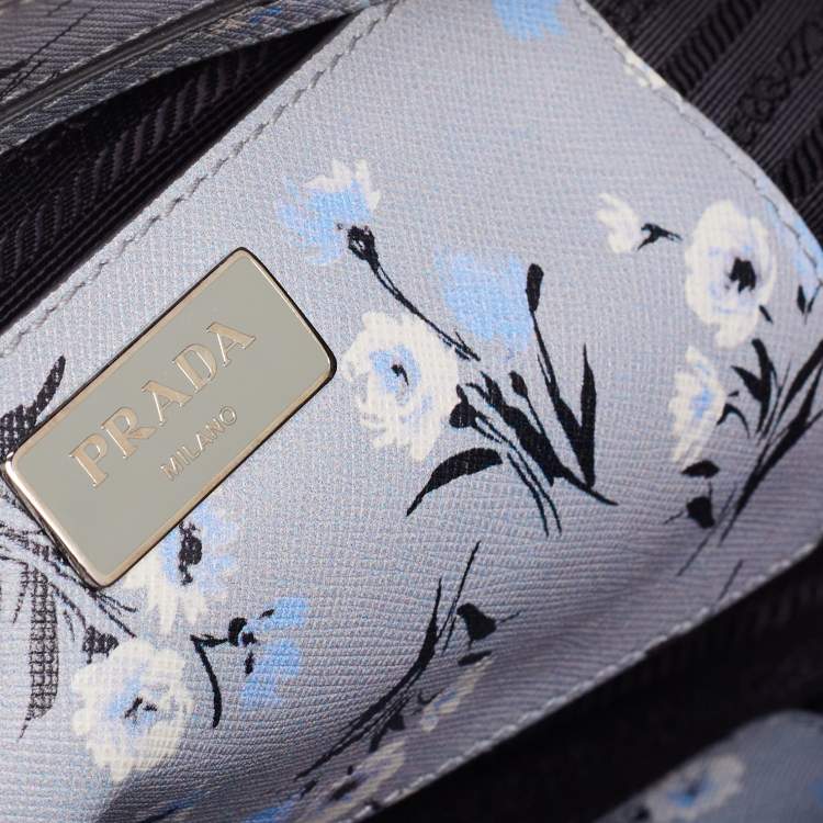 Pre Owned Prada Pale Blue Floral Print Saffiano Lux Leather Medium Galleria Double Zip Tote