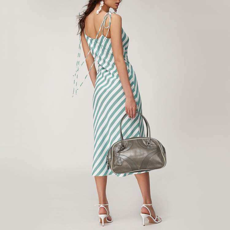 Prada Grey/White Vitello Drive and Perforated Leather Bowler Bag