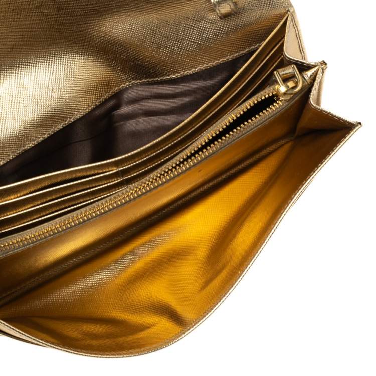 Pre Owned Prada Gold Saffiano Metal Leather Logo Flap Continental Wallet on Chain
