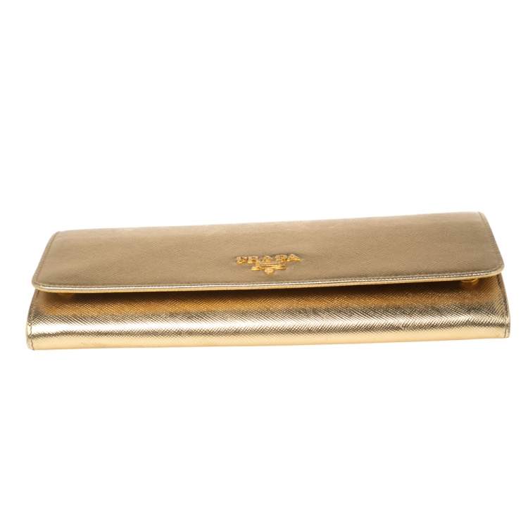 Pre Owned Prada Gold Saffiano Metal Leather Logo Flap Continental Wallet on Chain