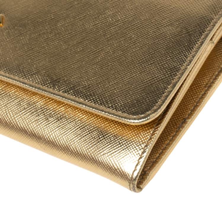 Pre Owned Prada Gold Saffiano Metal Leather Logo Flap Continental Wallet on Chain