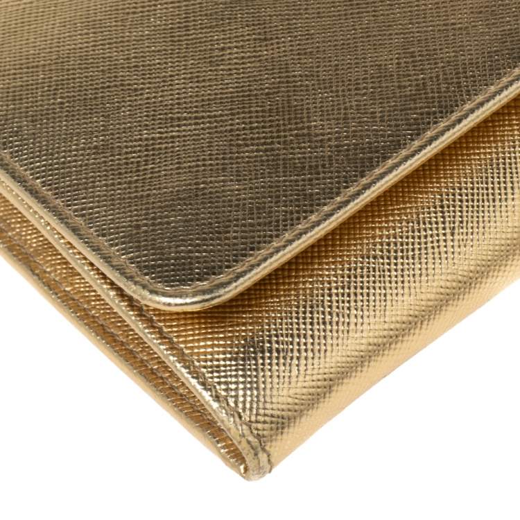 Pre Owned Prada Gold Saffiano Metal Leather Logo Flap Continental Wallet on Chain