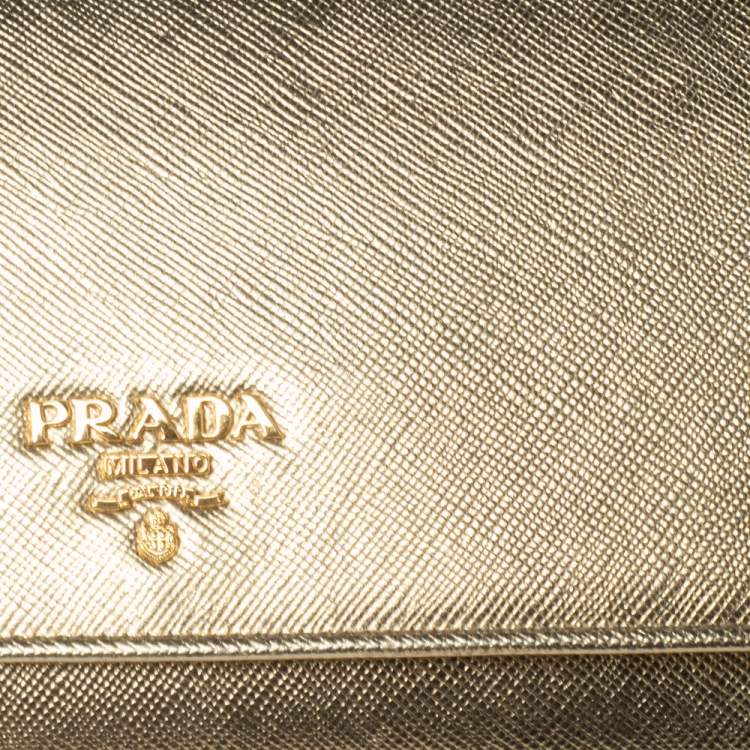 Pre Owned Prada Gold Saffiano Metal Leather Logo Flap Continental Wallet on Chain