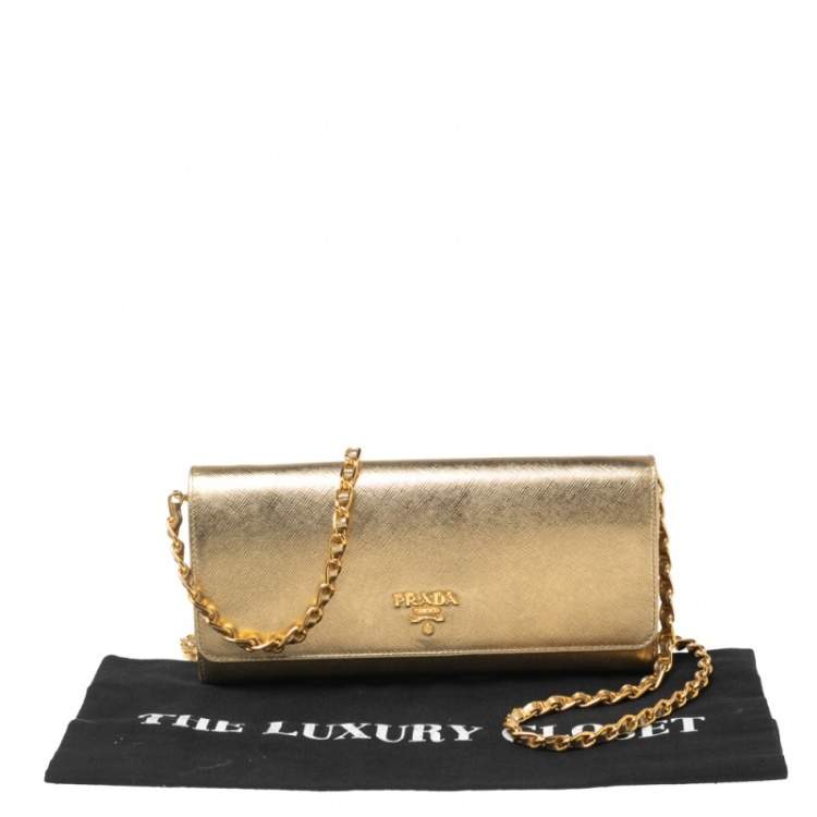 Pre Owned Prada Gold Saffiano Metal Leather Logo Flap Continental Wallet on Chain
