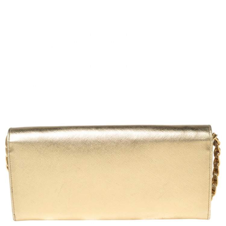 Pre Owned Prada Gold Saffiano Metal Leather Logo Flap Continental Wallet on Chain