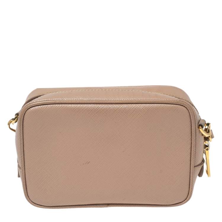 Pre Owned Prada Beige Saffiano Leather Mini Zip Top Camera Sling Bag