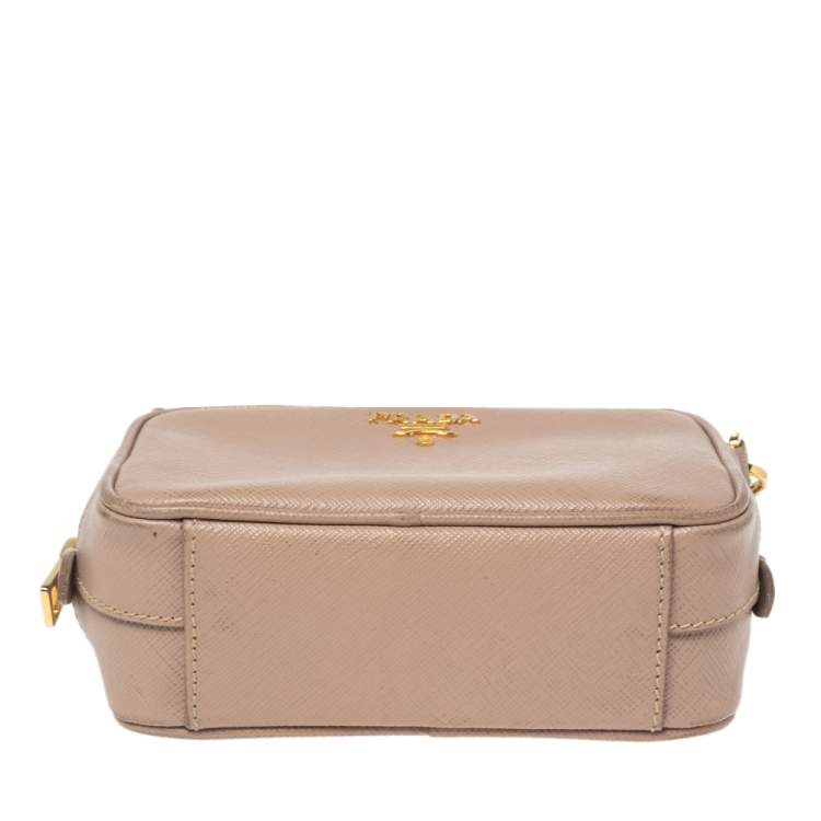 Pre Owned Prada Beige Saffiano Leather Mini Zip Top Camera Sling Bag
