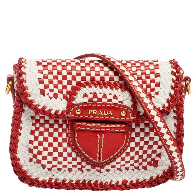 PRADA Red White Check MADRAS Clutch Hand Woven Leather Bag Gold