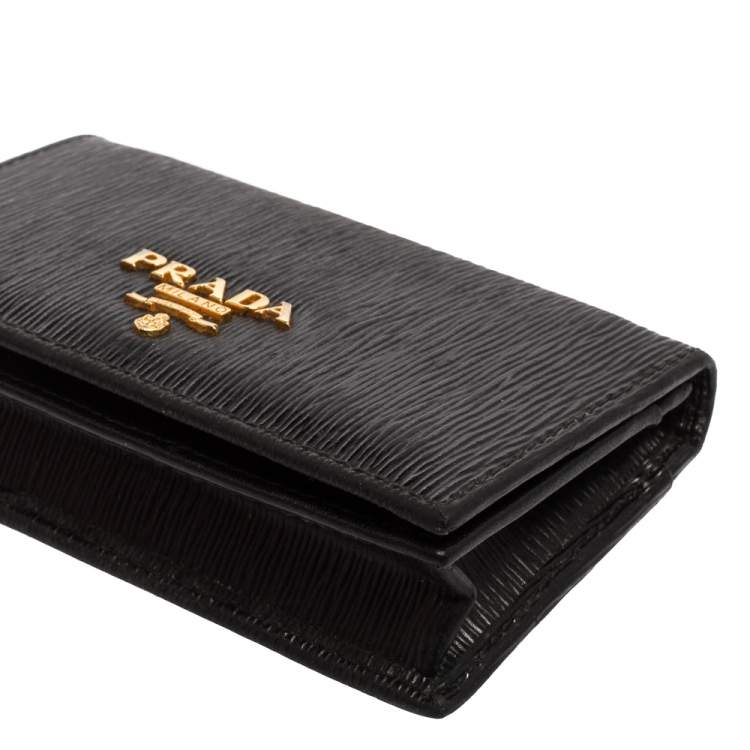 Pre Owned Prada Black Move Leather Logo Flap Card Case 