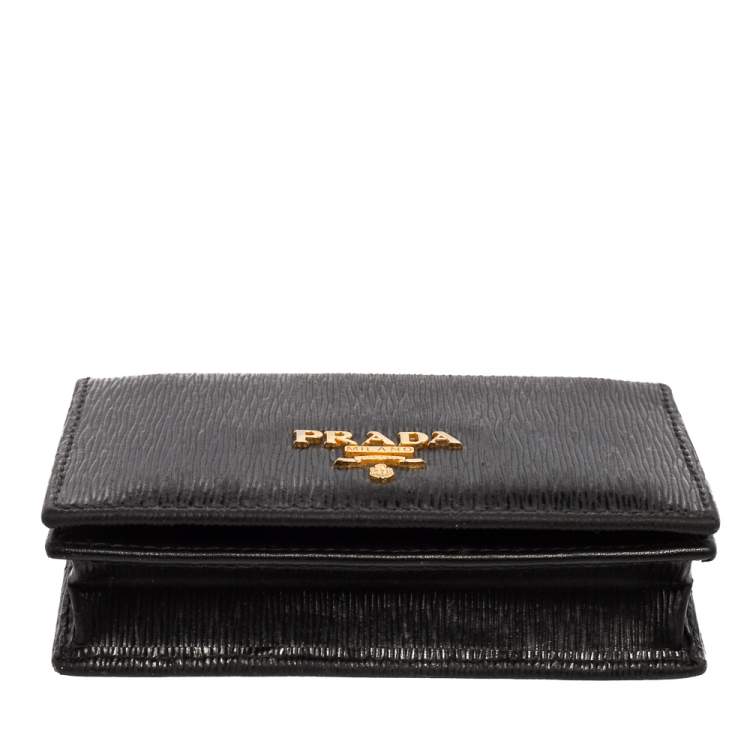 Pre Owned Prada Black Move Leather Logo Flap Card Case 