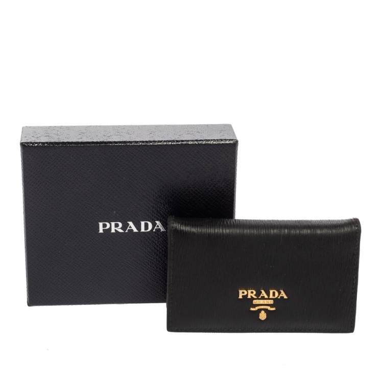 Pre Owned Prada Black Move Leather Logo Flap Card Case 