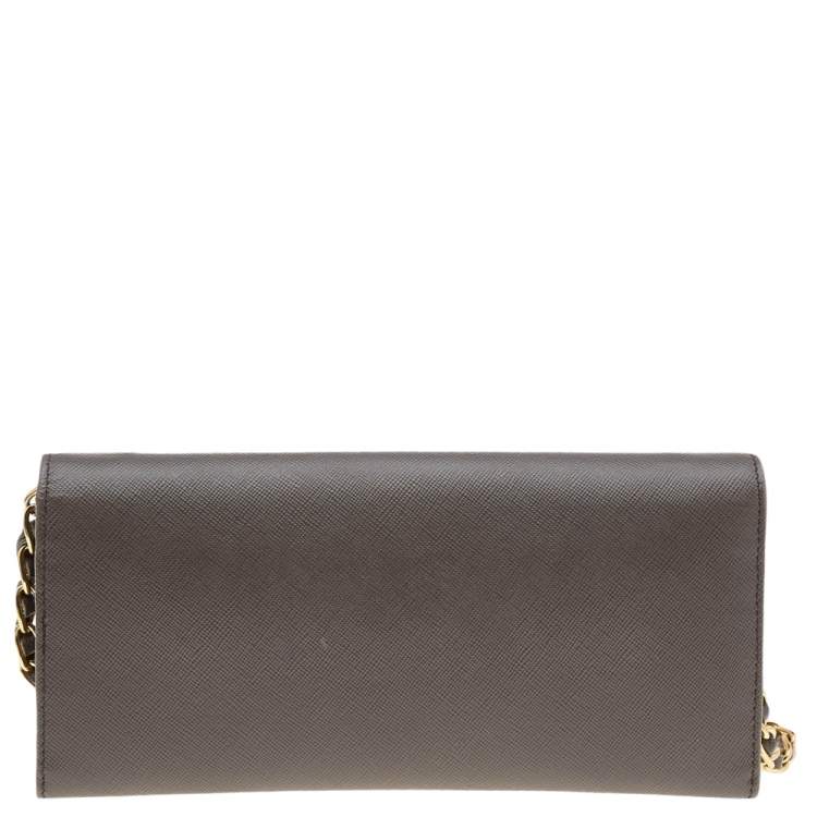 Pre Owned Prada Dark Khaki Saffiano Metal Leather Wallet on Chain