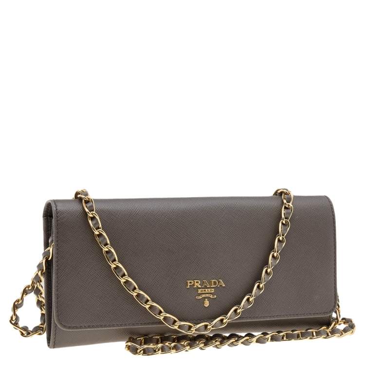 Pre Owned Prada Dark Khaki Saffiano Metal Leather Wallet on Chain
