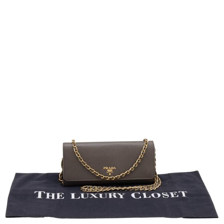 Pre Owned Prada Dark Khaki Saffiano Metal Leather Wallet on Chain