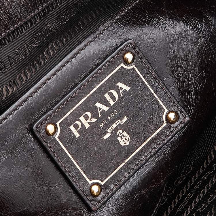 Pre Owned Prada Brown Vitello Shine Leather Zip Tote