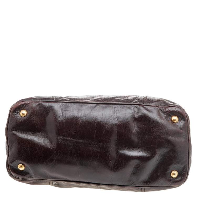 Pre Owned Prada Brown Vitello Shine Leather Zip Tote