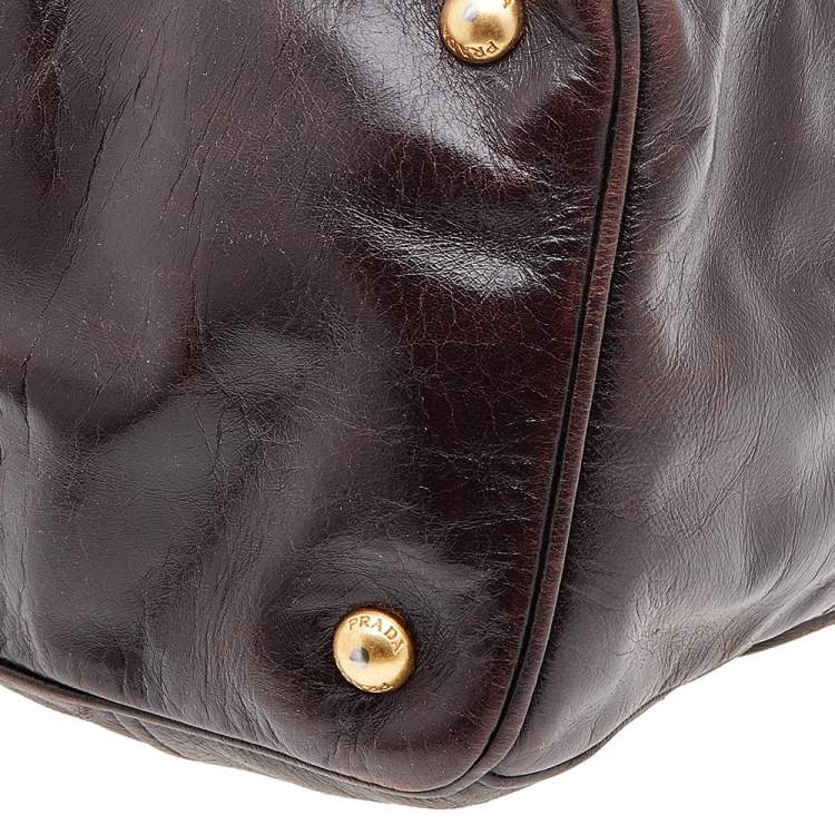 Pre Owned Prada Brown Vitello Shine Leather Zip Tote