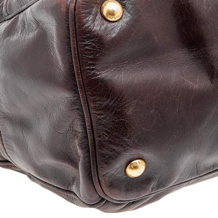 Pre Owned Prada Brown Vitello Shine Leather Zip Tote
