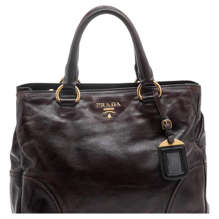 Pre Owned Prada Brown Vitello Shine Leather Zip Tote
