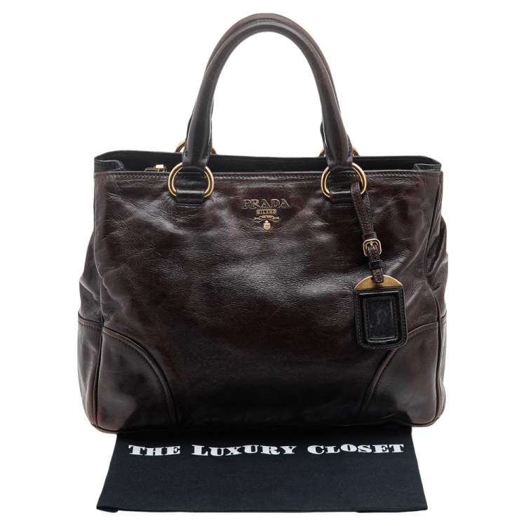 Pre Owned Prada Brown Vitello Shine Leather Zip Tote
