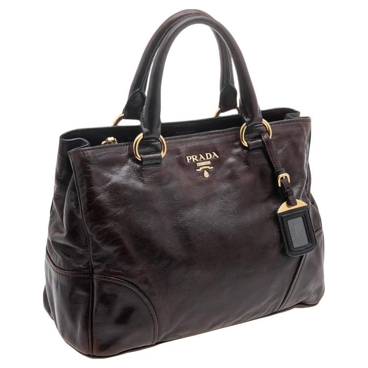 Pre Owned Prada Brown Vitello Shine Leather Zip Tote