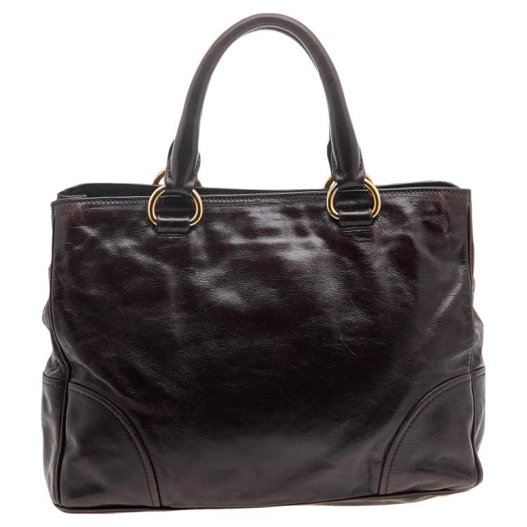 Pre Owned Prada Brown Vitello Shine Leather Zip Tote