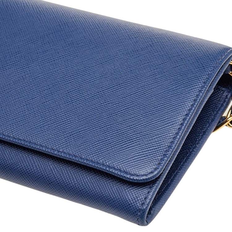 Pre Owned Prada Blue Saffiano Leather Wallet on Chain