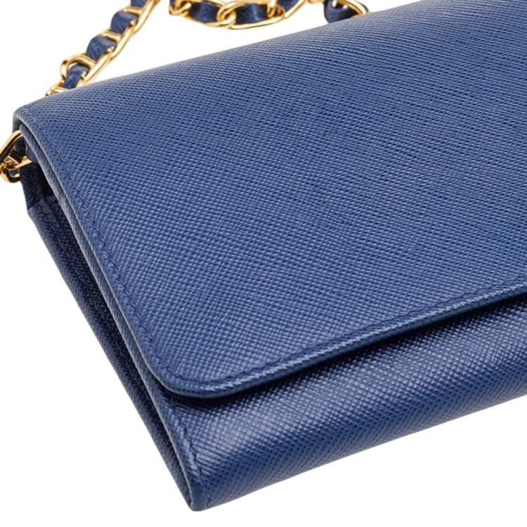Pre Owned Prada Blue Saffiano Leather Wallet on Chain
