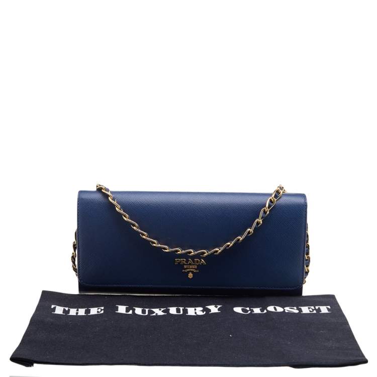 Pre Owned Prada Blue Saffiano Leather Wallet on Chain