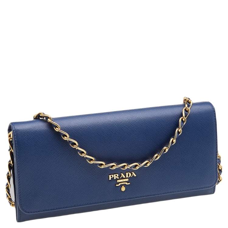 Pre Owned Prada Blue Saffiano Leather Wallet on Chain