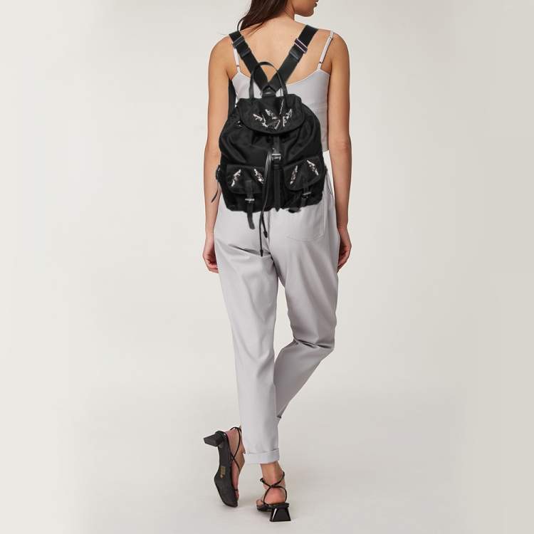 Pre Owned Prada Black Nylon Lightening Bolt Crystals Embellished Backpack