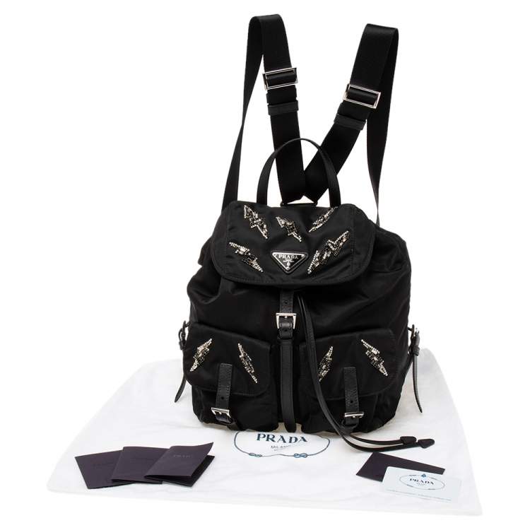 Pre Owned Prada Black Nylon Lightening Bolt Crystals Embellished Backpack