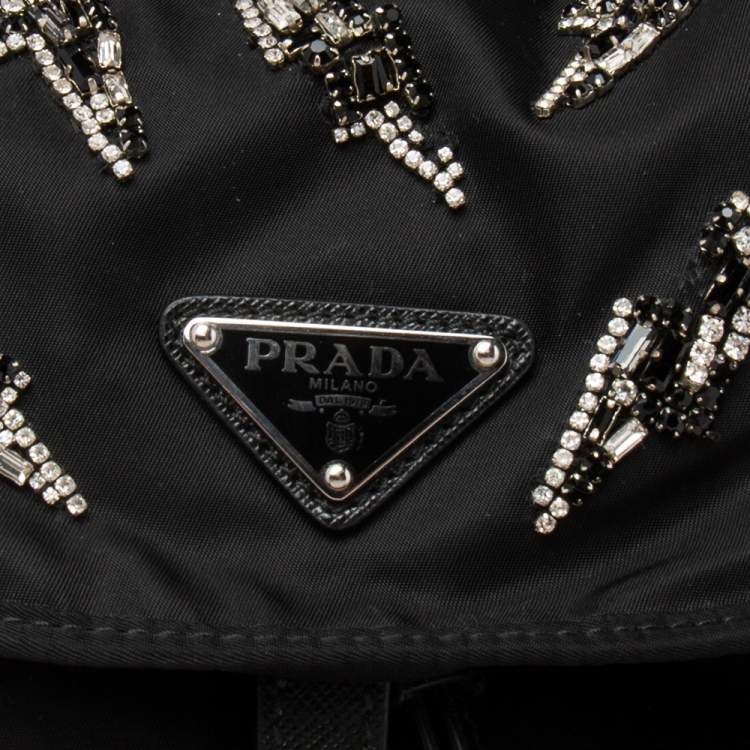 Pre Owned Prada Black Nylon Lightening Bolt Crystals Embellished Backpack