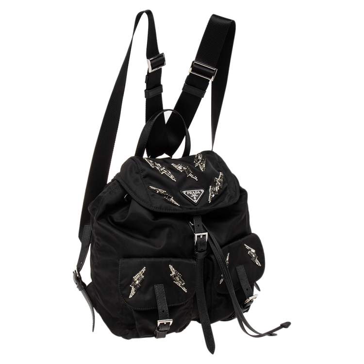 Pre Owned Prada Black Nylon Lightening Bolt Crystals Embellished Backpack