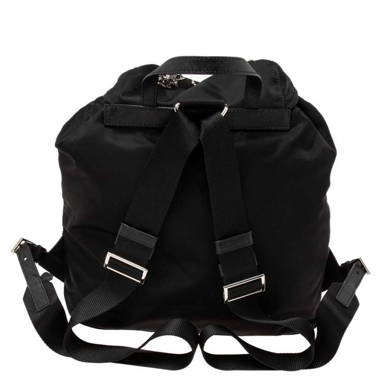Pre Owned Prada Black Nylon Lightening Bolt Crystals Embellished Backpack